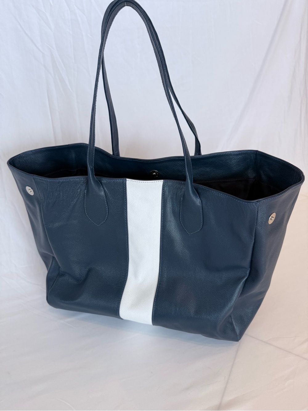 Classic Navy Tote with White Center Stripe - Women's 100%  Leather Shoulder Bag - Picture 8 of 16